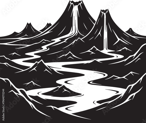 Volcanic landscape vector silhouette illustration, erupting mountains and winding river line art