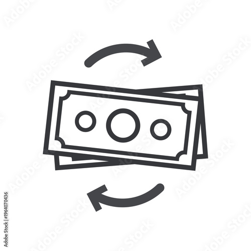 Isolated outline illustration of money with bidirectional arrows representing fund transfer, payment exchange, financial transaction, and digital banking activity concept