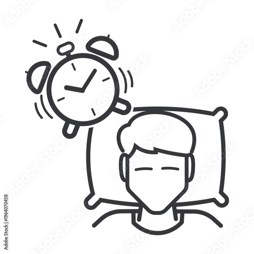 Isolated outline illustration of person sleeping with ringing alarm clock representing discipline, waking early, healthy routine, and time management habit