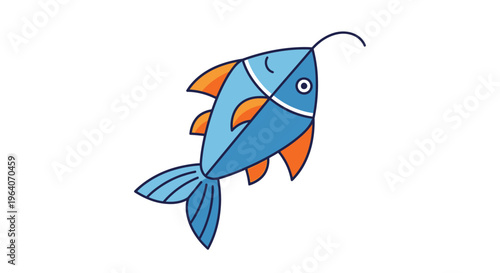 Stylized Blue Fish with Orange Fins and Line Art
