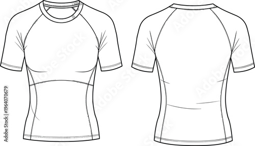 Technical flat sketch of fitted short sleeve T‑shirt with raglan sleeves, crew neckline, seam details, front and back views for fashion design illustration