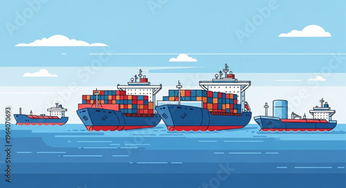 Container Ships at Sea - A Fleet of Cargo Vessels.