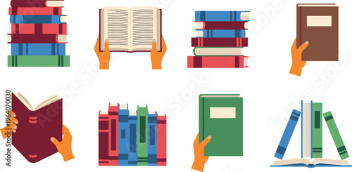 Flat vector set of books and hands reading studying education library knowledge learning icons collection isolated design