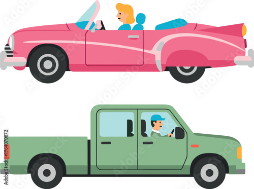 Flat vector cars set with people driving convertible and pickup truck transportation illustration isolated modern vehicle design