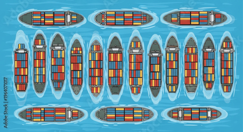 Aerial View of Container Ships in Formation on Blue Water.