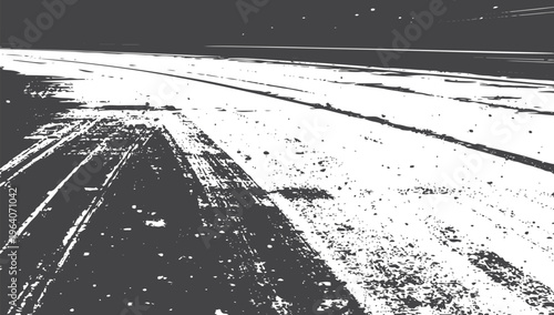 Contrast black and white asphalt road surface with tire tracks and perspective lines