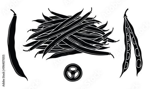 Green bean pods icons set black silhouette vector illustration isolated on transparent background