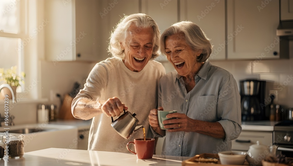 Obraz premium Cheerful retired couple bonding during morning routine, real emotions and aging gracefully