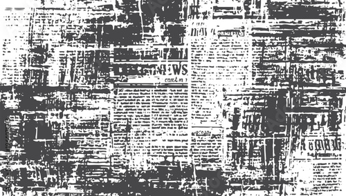 Distressed black and white newspaper collage texture with blurred text and ink smudges