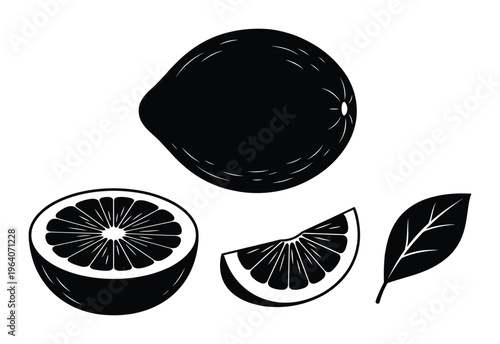 Guava fruit whole half slice and leaf black white graphic vector illustration set transparent background