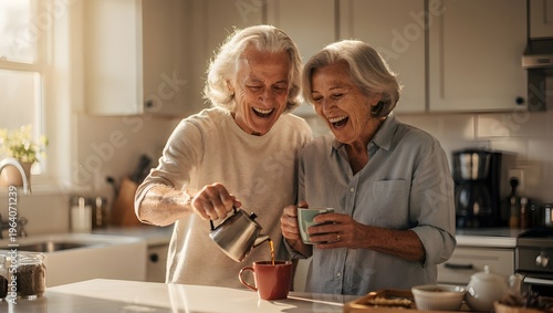 Cheerful retired couple bonding during morning routine, real emotions and aging gracefully