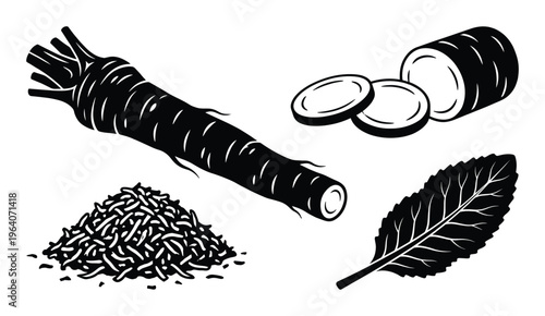 Horseradish root grated pile and sliced root isolated on transparent background