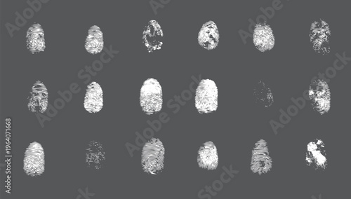 Set of white fingerprint patterns on a solid dark gray background