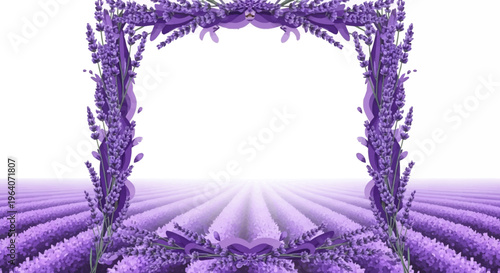 Lavender Field Frame Archway with Rows of Purple Flowers and Horizon