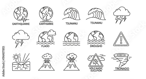 Collection of Natural Disaster Icons - Earthquake, Tsunami, Tornado, and More.