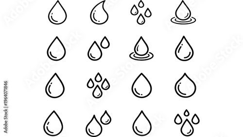 Water Drop Icons, Liquid Symbol Collection, Fluid Element Set, Hydration and Purity Graphics