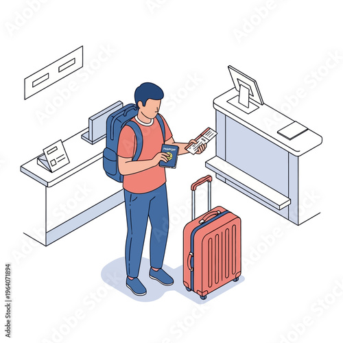 Man with luggage checking in at airport.