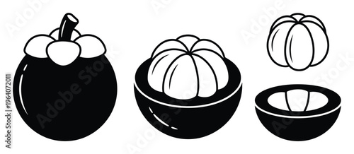 Mangosteen fruit silhouette set showing whole and peeled tropical fruit pieces in minimalist design