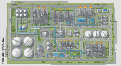 Aerial View of Industrial Complex with Tanks and Processing Units.