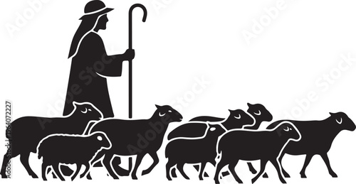 Shepherd guiding flock of sheep forward.