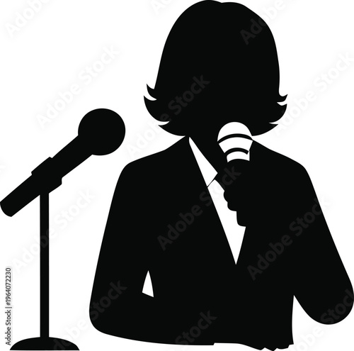 Silhouette of a woman speaking into a microphone in a professional setting