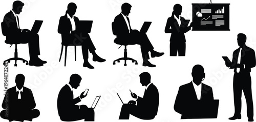 Silhouettes of business professionals in various meeting and working poses