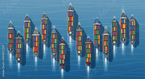 Aerial View of Container Ships Sailing on Blue Ocean.