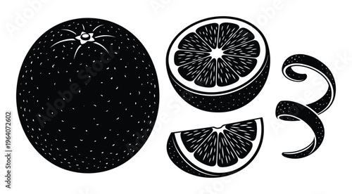 Orange citrus fruit icons with whole orange half slice and peel spiral in black silhouette style