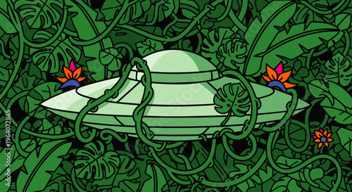 ufo jungle hidden alien spaceship discovered in a vibrant tropical forest blending technology and nature in a mysterious scene.