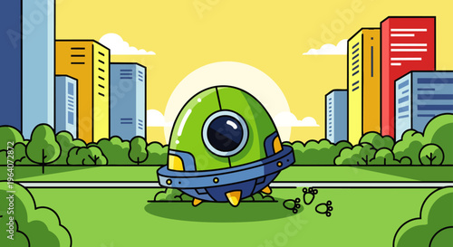 a cute green robot character landing in a vibrant city park leaving footprints a playful illustration of future technology and urban life