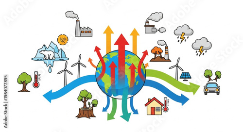 Global Warming and Climate Change Illustration with Arrows and Icons.