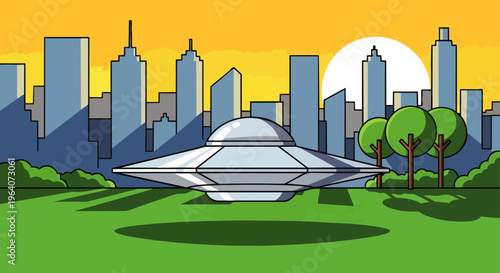 ufo flying saucer cartoon illustration alien spaceship above urban park city skyline background for science fiction.
