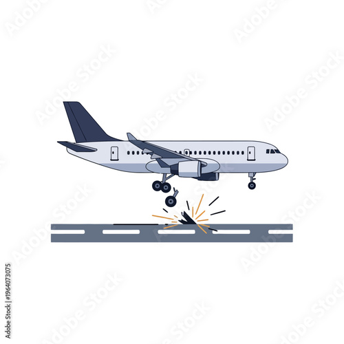airplane crash landing with broken landing gear on a damaged runway a flat design illustration depicting an aviation accident
