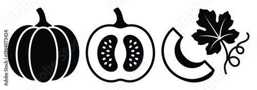 Pumpkin icons whole and sliced with leaf and vine vector silhouette set