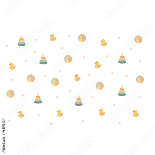 Seamless repeating pattern with cute colorful kids elements in playful cartoon style on soft pastel background for nursery textile and decorative design