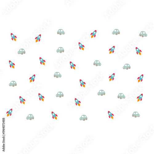 . Seamless repeating pattern with cute colorful rockets in space on dark playful background for kids nursery textile and wrapping paper design