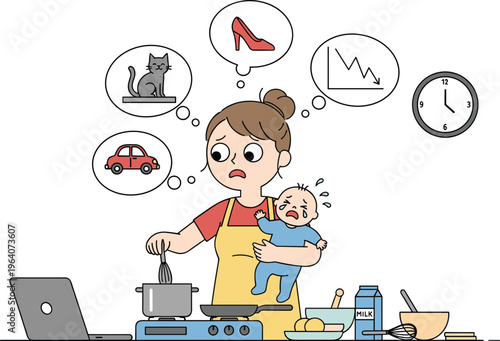 Illustration of multitasking parent cooking with crying baby, laptop, food items, and thought bubbles showing stress and distractions