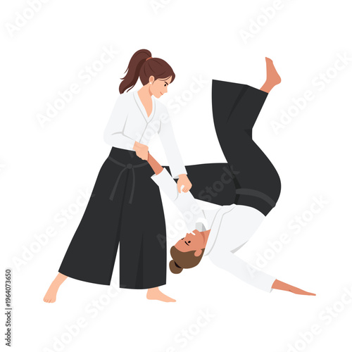 Female aikido practitioners demonstrating throw technique. Flat vector illustration isolated on white background