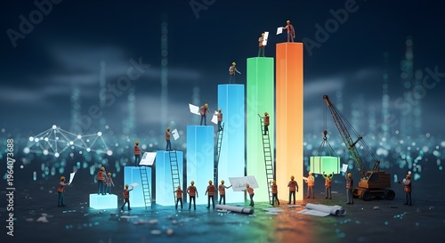 A team of tiny workers collaborating to build and maintain a large colorful glowing bar chart