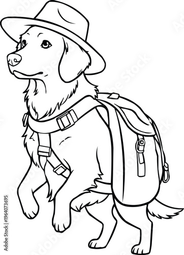 A dog wearing a hat and a backpack