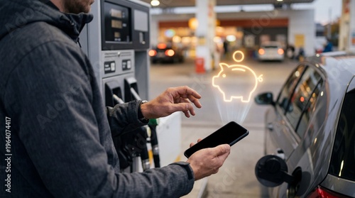 Person using smartphone at gas pump with savings icon. Energy Crisis concept