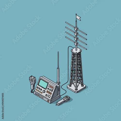 Isometric illustration of radio communication equipment and tower.