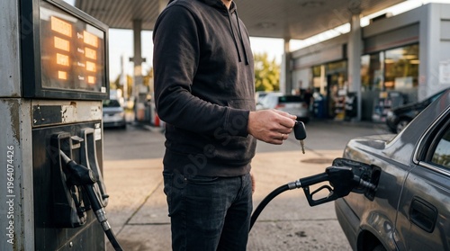 Person refueling a car at a gas station. Energy Crisis concept