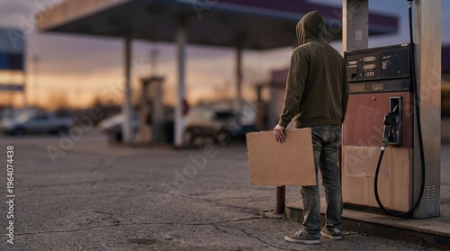 Person in hoodie holding cardboard sign at gas station at dusk. Energy Crisis concept