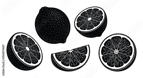 Set of whole lemon, sliced lemon, half lemon, and lemon wedge, citrus fruit black silhouette