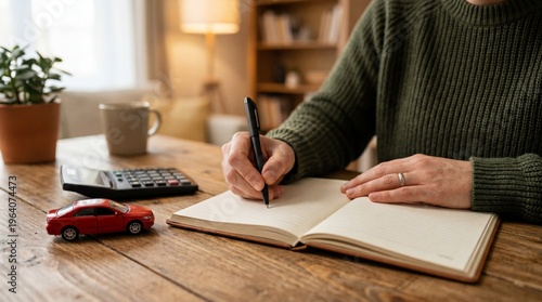 Person writing in a notebook with a toy car, calculator and coffee on a wooden table. Energy Crisis concept