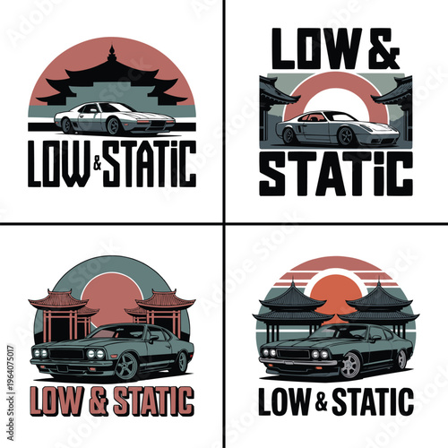 Collection of four low static car enthusiast graphic designs featuring classic and modern modified automobiles with Asian temple silhouettes