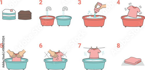 Step by step hand washing clothes illustration showing detergent, scrubbing, rinsing, drying, and folding for clean laundry process