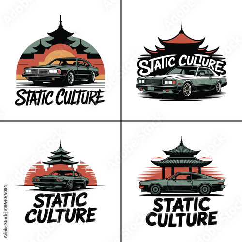 Retro japanese static culture car design with a classic lowrider vehicle and pagoda elements capturing vintage automotive style