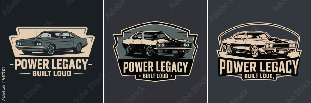 Obraz premium Collection of three vintage American muscle car emblems featuring powerful designs perfect for apparel.